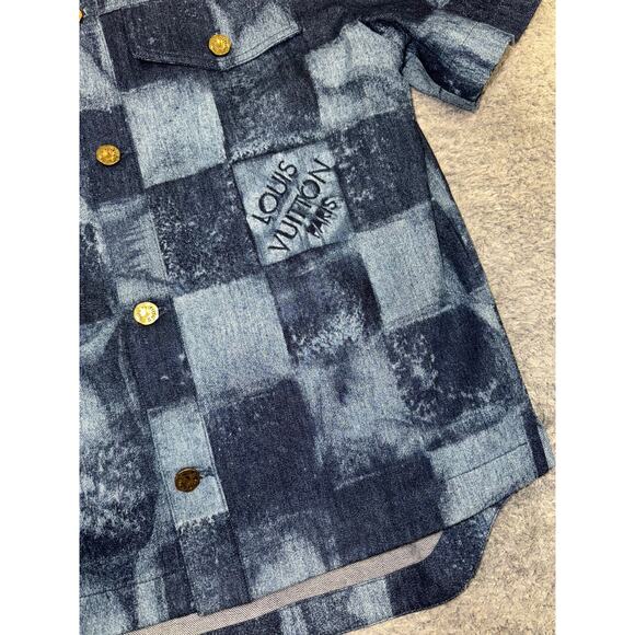 Louis Vuitton Salt Print Denim Blue Damier LV Logo Short Sleeve Button Shirt S - Picture 9 of 16